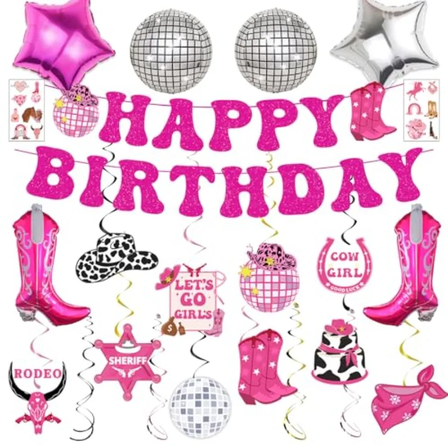 34 قطعة ديسكو راعية البقر حفلة عيد ميلاد زينة الغربية راعية البقر زينة الحفلات الوردي الساخن عيد ميلاد سعيد راية ديسكو راعية البقر B #1