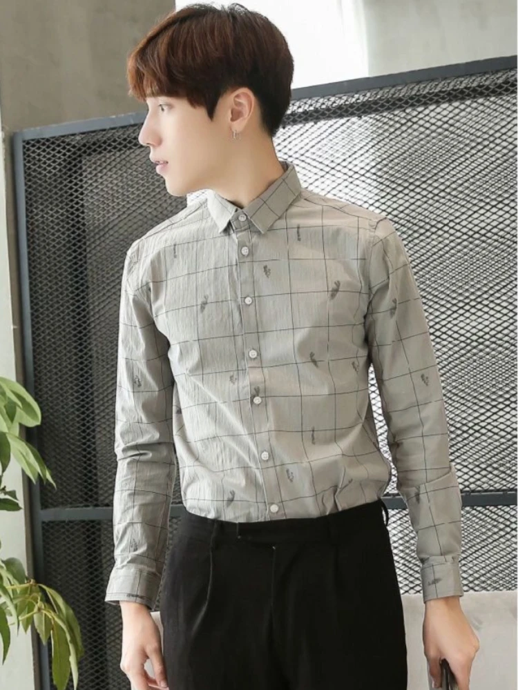 Youth Men's Korean Style Autumn Winter Long Sleeve Shirt Trendy Slim Fit Plaid Print Versatile Casual Shirt