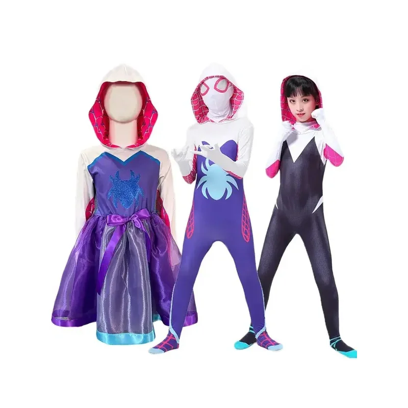 

Girls Gwen Ghost Spider Costume Bodysuit Halloween Cosplay Hooded Holiday Party Costumes Kids Fantasy Sexy Dress Up Outfit