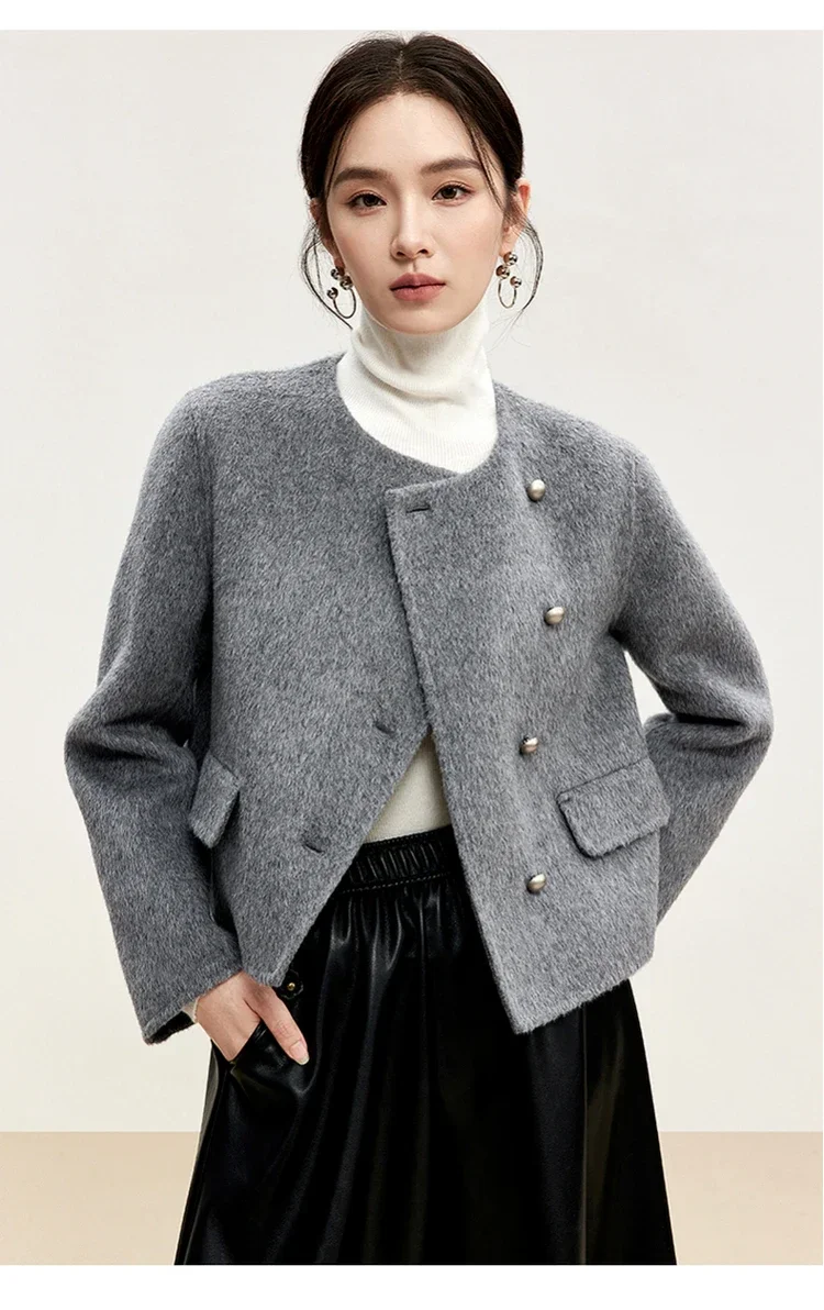 SENTUBILA Elegant Short Wool Coat Women 2024 Winter Fashion Crew Neck Irregular Single Breasted Female Warm Overcoat W44O56008