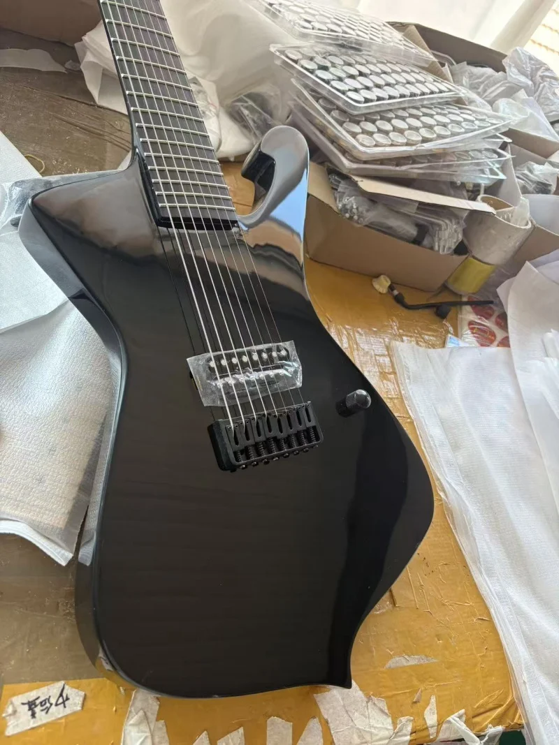 High-gloss black 8-string electric guitar, rosewood fretboard, black fixed bridge, customizable, free delivery