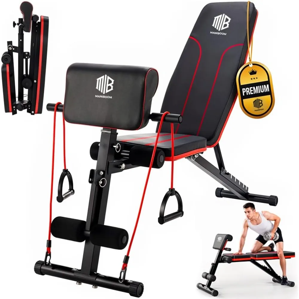 ManiBoom Banco Musculación PLEGABLE Multifuncional con 7 Posiciones Ajustable CARGA 250kg - Banco de Pesas con 2 Bandas de Entre