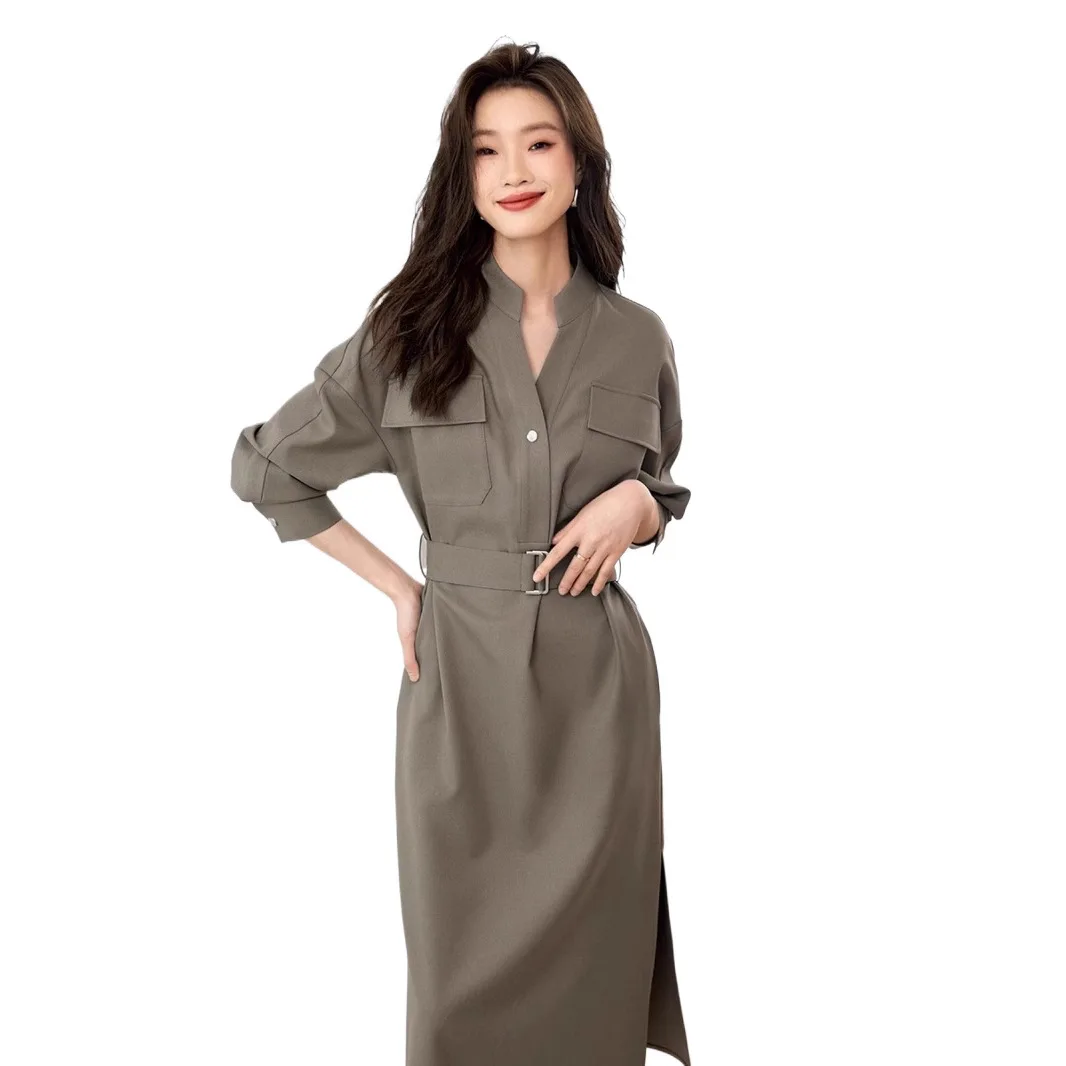 Retro minimalista com decote em v assimetria lado fenda camisa vestidos para feminino chique luxo high-streetslim vestido primavera outono roupas