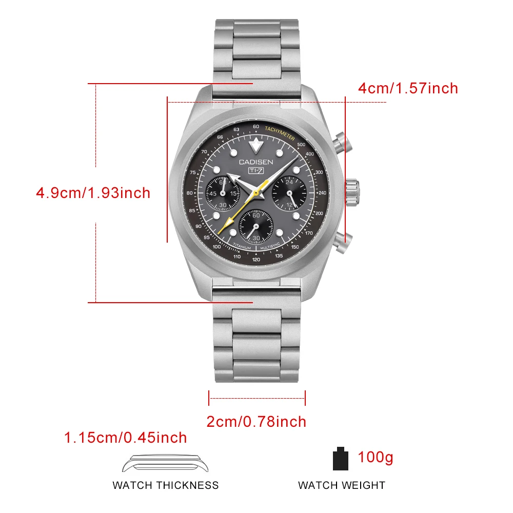 CADISEN TI-7 MULTISYNC Titanium Strap Moon Mens Watches Quartz Chronograph Japan TMI VK63 Movement  Luxury Gift For Men Watch view 6