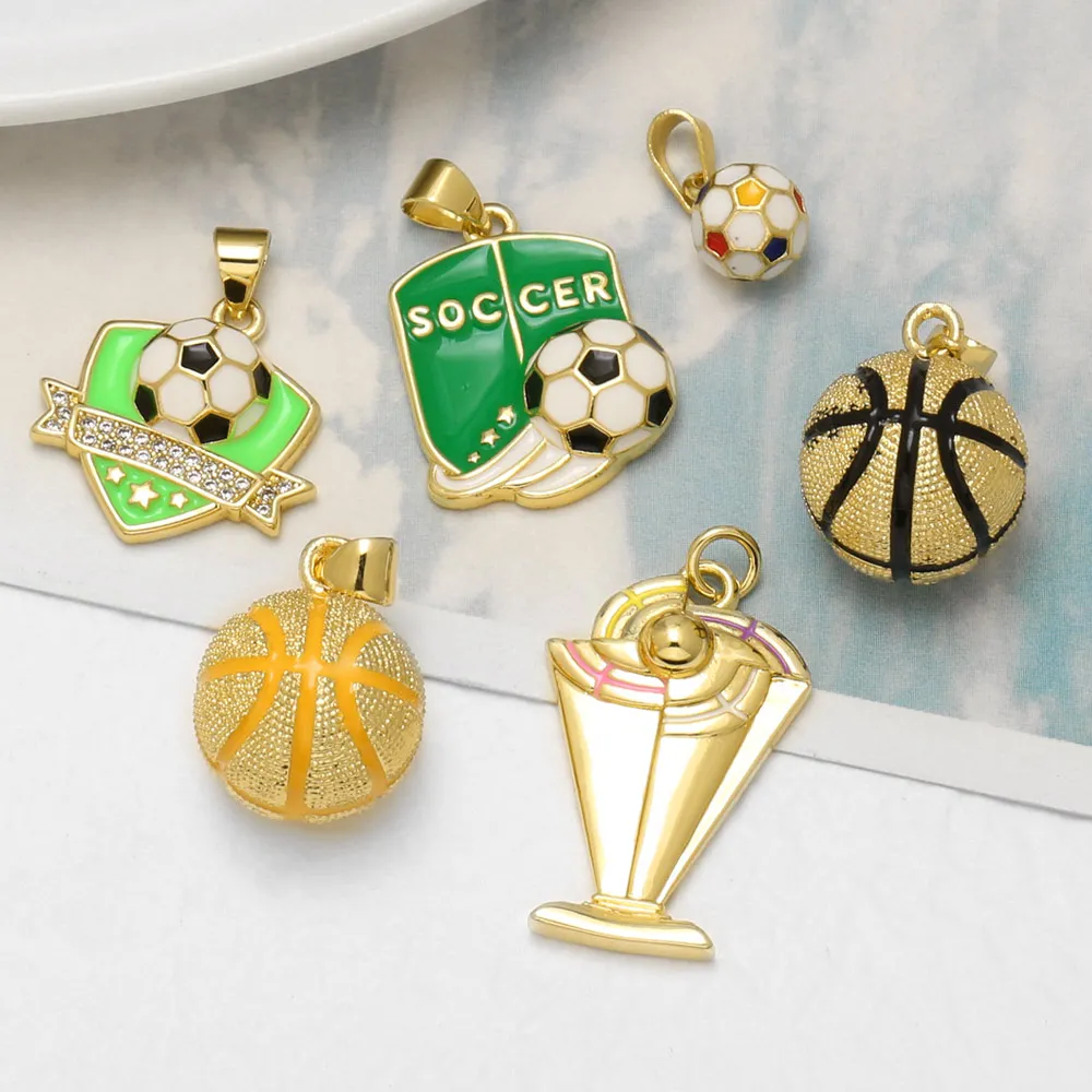 OCESRIO Gold Plated Copper Sports Soccer Basketball Trophy Enamel Charms for Necklace Bracelet Jewelry Making Supplies pdtb974