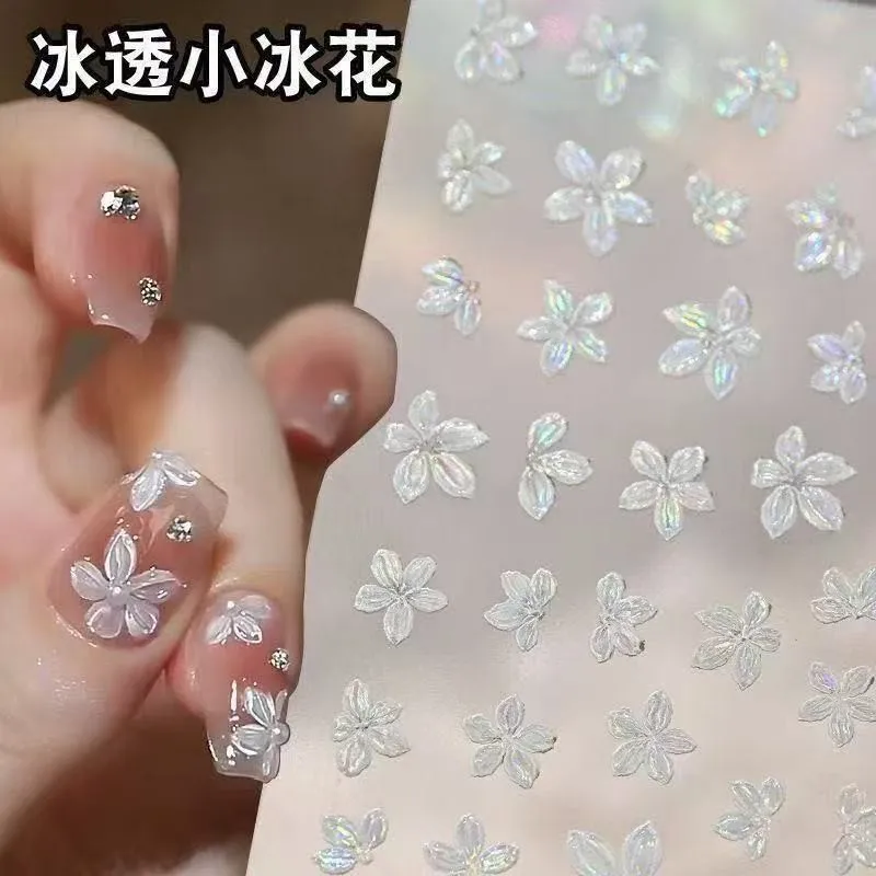 

3D Relief Jelly Nail Stickers Icy Clear Mini Ice Flower Sheer Five Petal Shell Luster Decals for Manicure DIY