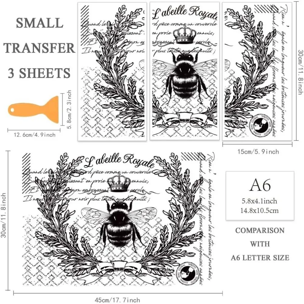 3pcs/Set L'abeille Royale Rub on Transfers for Furniture and Crafts 6x12 Inch Vintage Bee Furniture Transfer Sticker Decals