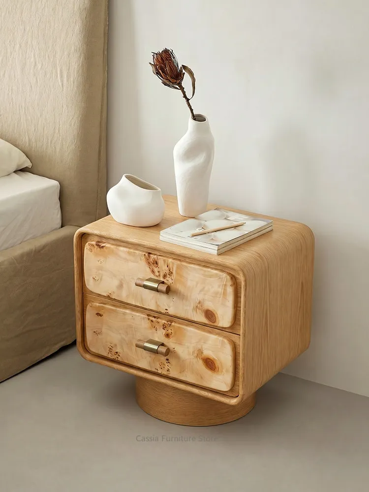 Natural Burl Wood Nightstand with Drawers, Mid-Century Night Table for Bedroom