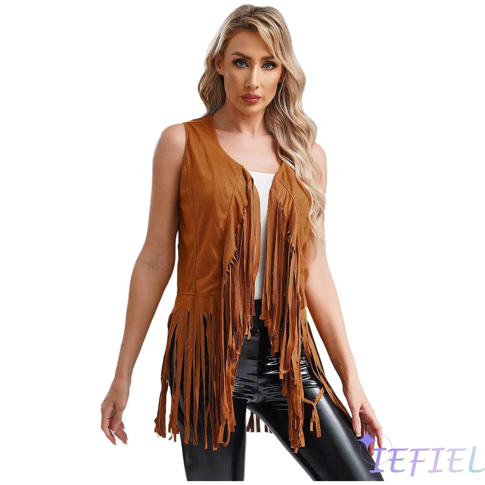 Women Vintage Gothic Tassel Waistcoat Open Front Fringe Vest Top Solid Color Cardigan Jackets Hippie Costume Halloween Party