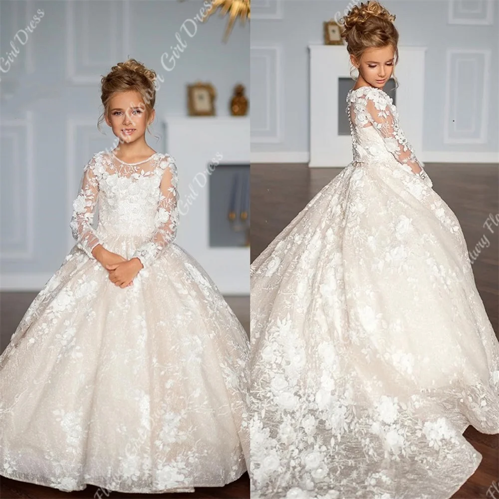 

Lace Applique Flower Girl Dresses Bows Children's First holy Communion Dress Princess Formal Tulle Ball Gown Wedding Party