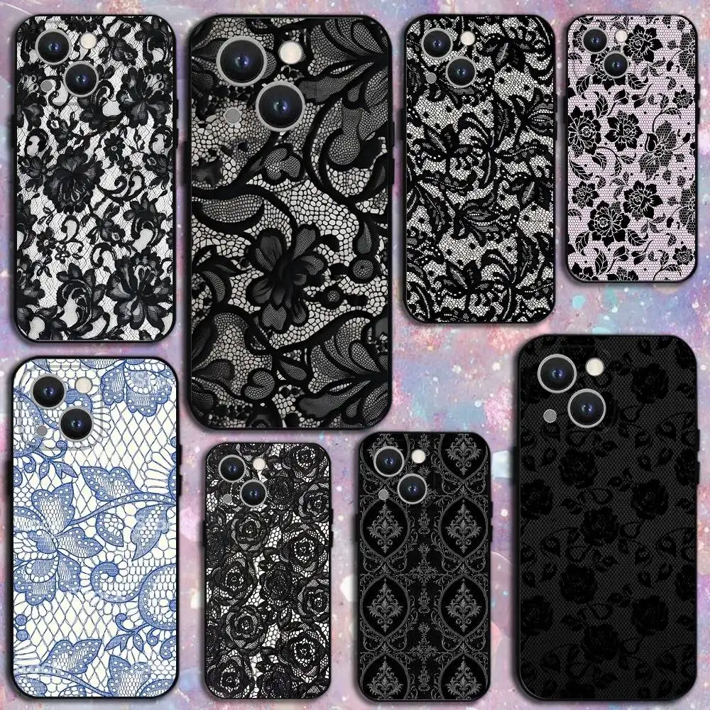 

Lace Print Pattern Phone Case For iPhone 17,16,15,14,13,12,11 Plus,Pro Max,XS,X,XR,SE,Mini,8,7,Soft Silicone Black Cover