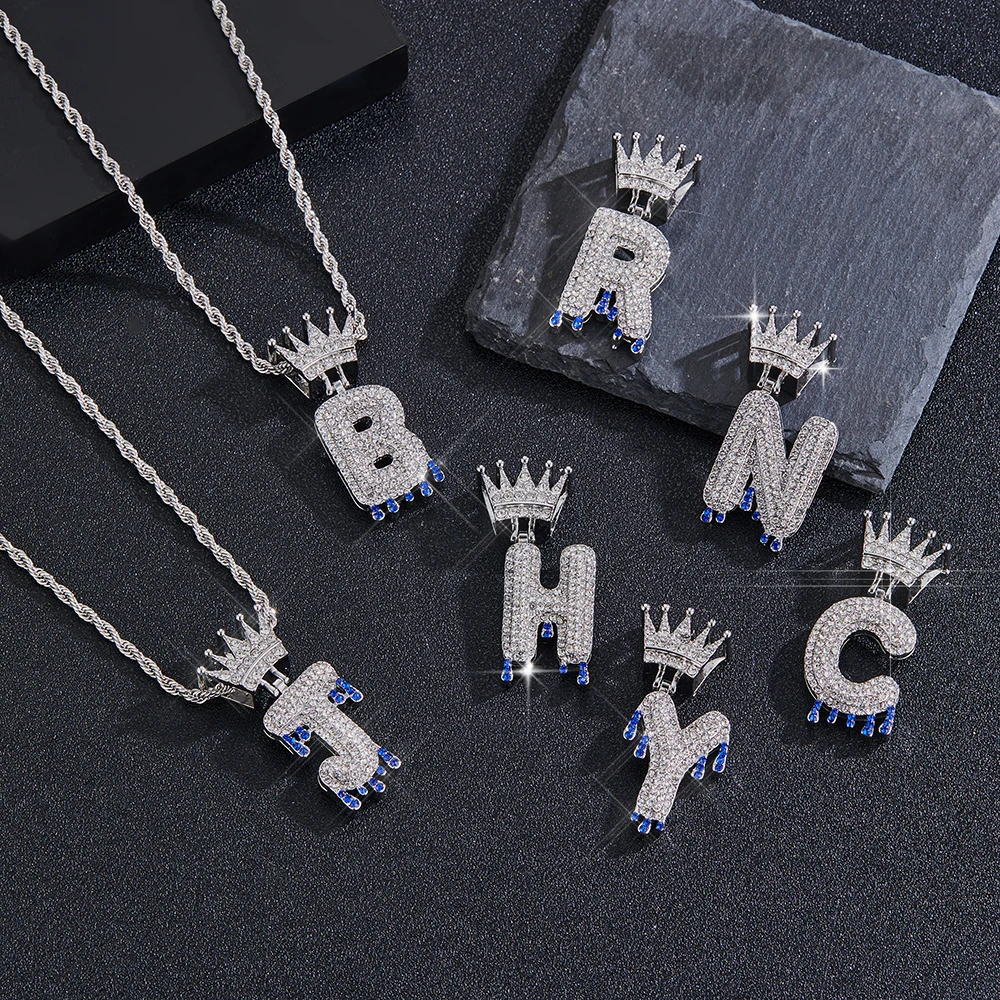 1Pcs Best Sell Rhinestone Crown Blue Water drop 26 English Letter Pendant Necklaces for Men and Women for Anniversary Gifts