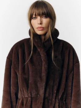 Mixed Color Faux Fur Long Coat 4 Fashion Mixed Color Lapel Collar Woman Long Coat Elegant Full Sleeve Loose Overcoat New Winter Lady High Street Faux Fur Jacket 4