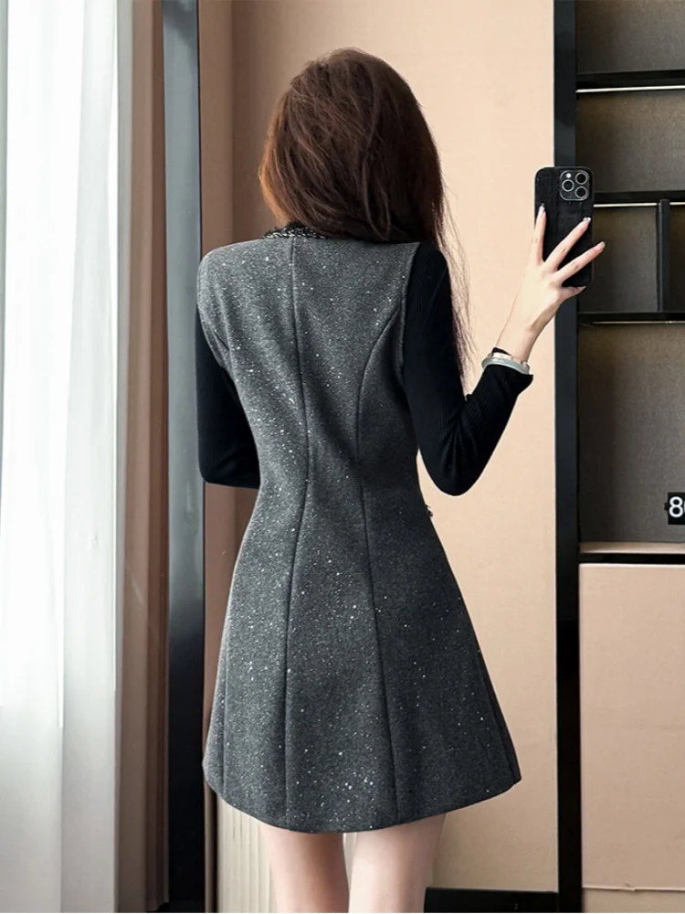 SMTHMA Koreanische High-End-Neue Mode Woolen Einreiher Ärmellose Luxus Perlen Weste Kleid + Gestrickte Pullover Zwei-stück Set