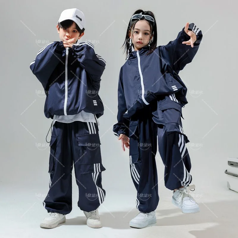 

Boys and Girls Hip Hop Clothing Blue Coat Pants Jazz Dance Clothing Hip Hop Performance Clothing