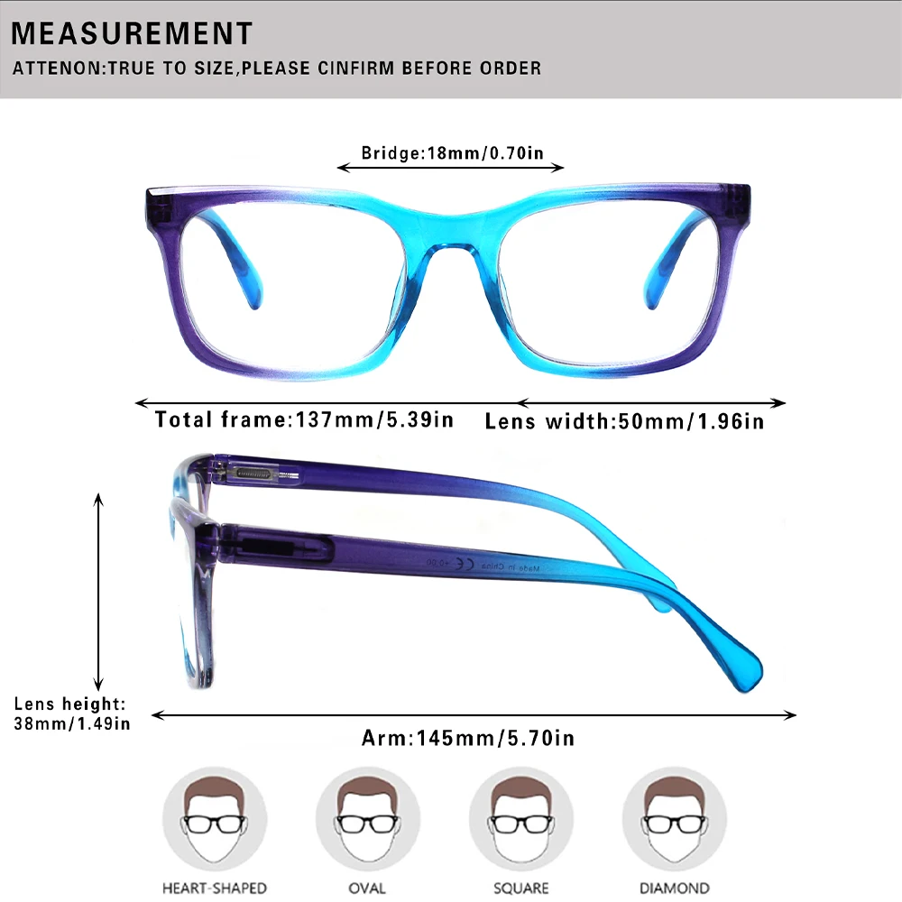 CLASAGA Reading Glasses Men and Women HD Prescription Eyeglasses with Square Frame Spring Hinge Stylish Decorative Eyewear