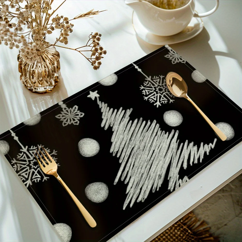 4pcs Black Background White Hand-Painted Christmas Tree Placemats, Festive Table Decor for Holiday Dinners & Parties, 2D Flat
