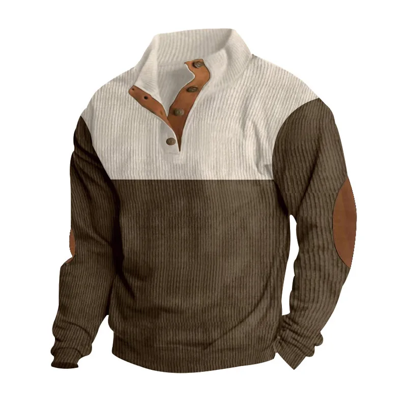 Men's Corduroy Patchwork Sweatirt Outdoor Casual Loose irt Stand Collar Button up Spring Autumn Youth Faion Long Sve