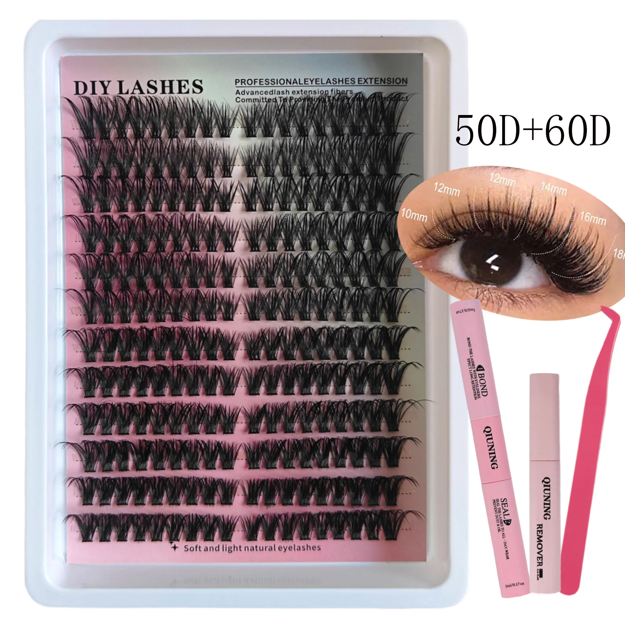QIUNING Lashes Clusters Kit Cat Eye Lashes Individual Eyelashes with ​​Lash Bond & Seal Full Set Lashes Extension Makeup Tools