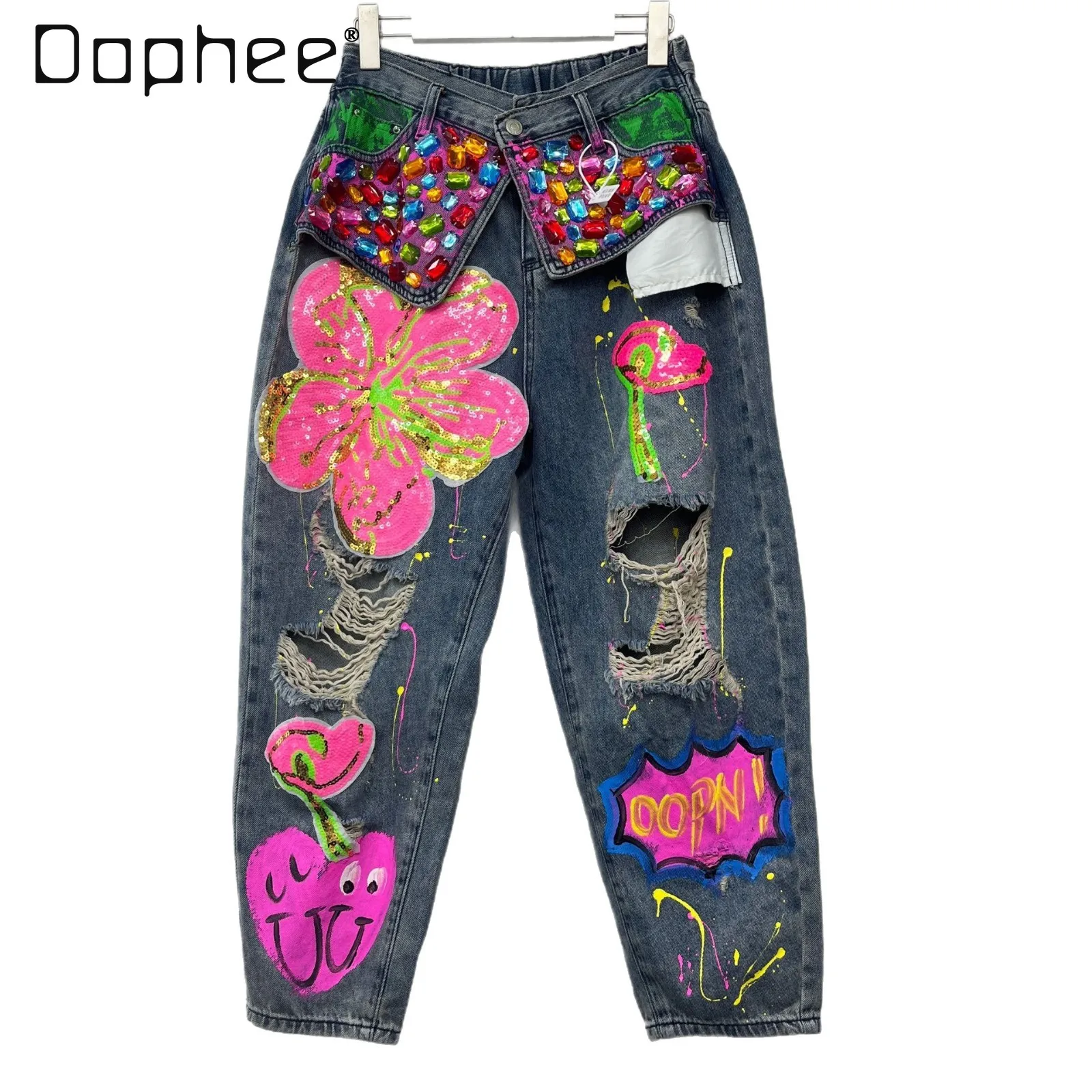 

Heavy Industry Diamond Spice Girls Sequins Three-dimensional Flowers Ripped Pants Women Spring Summer Print Jeans High Street