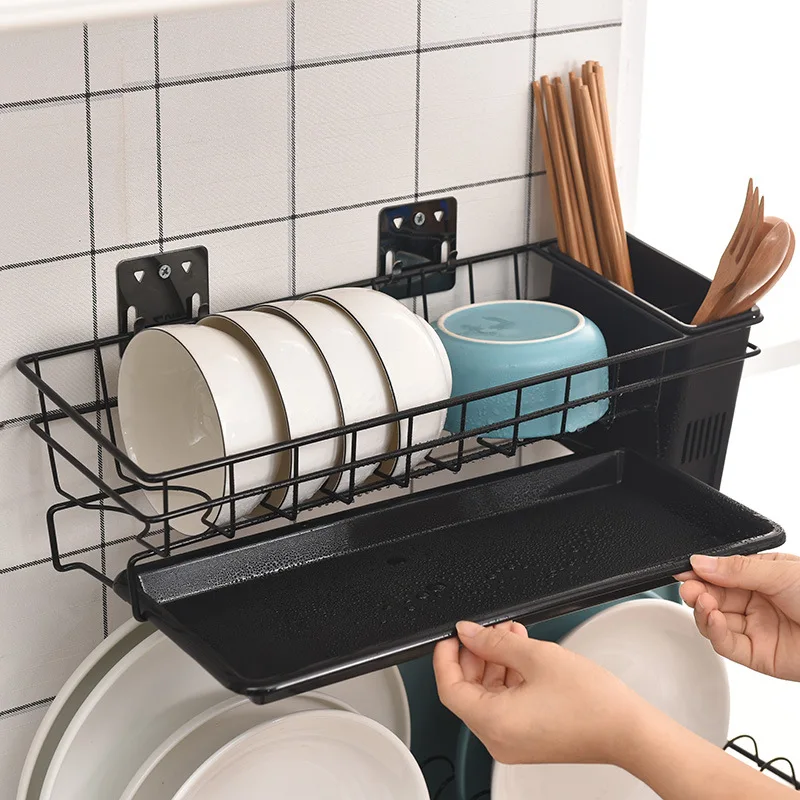 Wall Shelf Stainless Steel Kitchen Racks Holders Wall-mounted Punch-free Dish Drainer Plate Drying Rack Organizer Utensil Holder