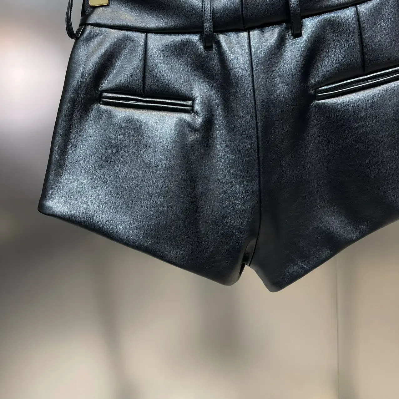 High Street Pants Spring Fake Pocket Design Slimming Leg Hugging PU Leather Versatile Women's Spicy Girl Style Shorts