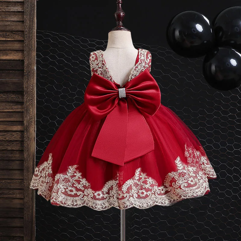 Girl\'s Embroidered Bow Princess Dress 0-6 Year Old Baby Fashion Lace Open Back Fluffy Dress Birthday Wedding Flower Girl Costume