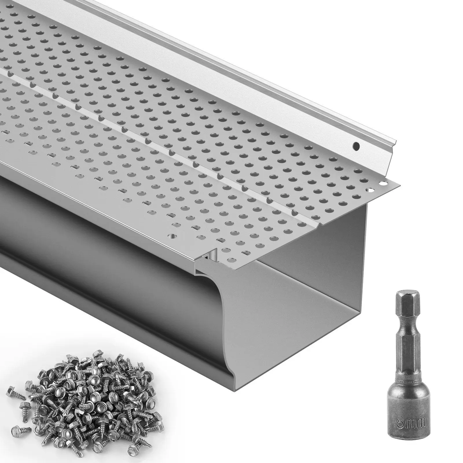 

Universal Gutter Guard 5 Inch Width Aluminum 26 PCS 104ft 0.157" Hole Leaf Filter DIY Cover Fits Any Roof Gutter Type