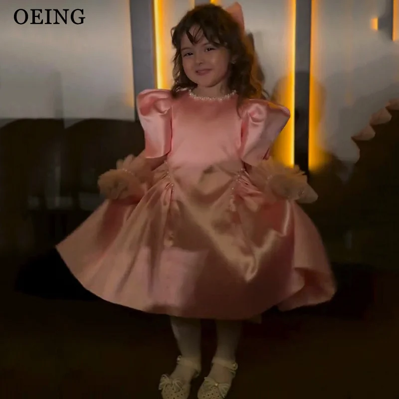 

OEING Cute Pink A-Line Flower Girl Dresses Princess Satin Mini Pearls Wedding Party Dress Puff Sleeve Birthday Dress Customized