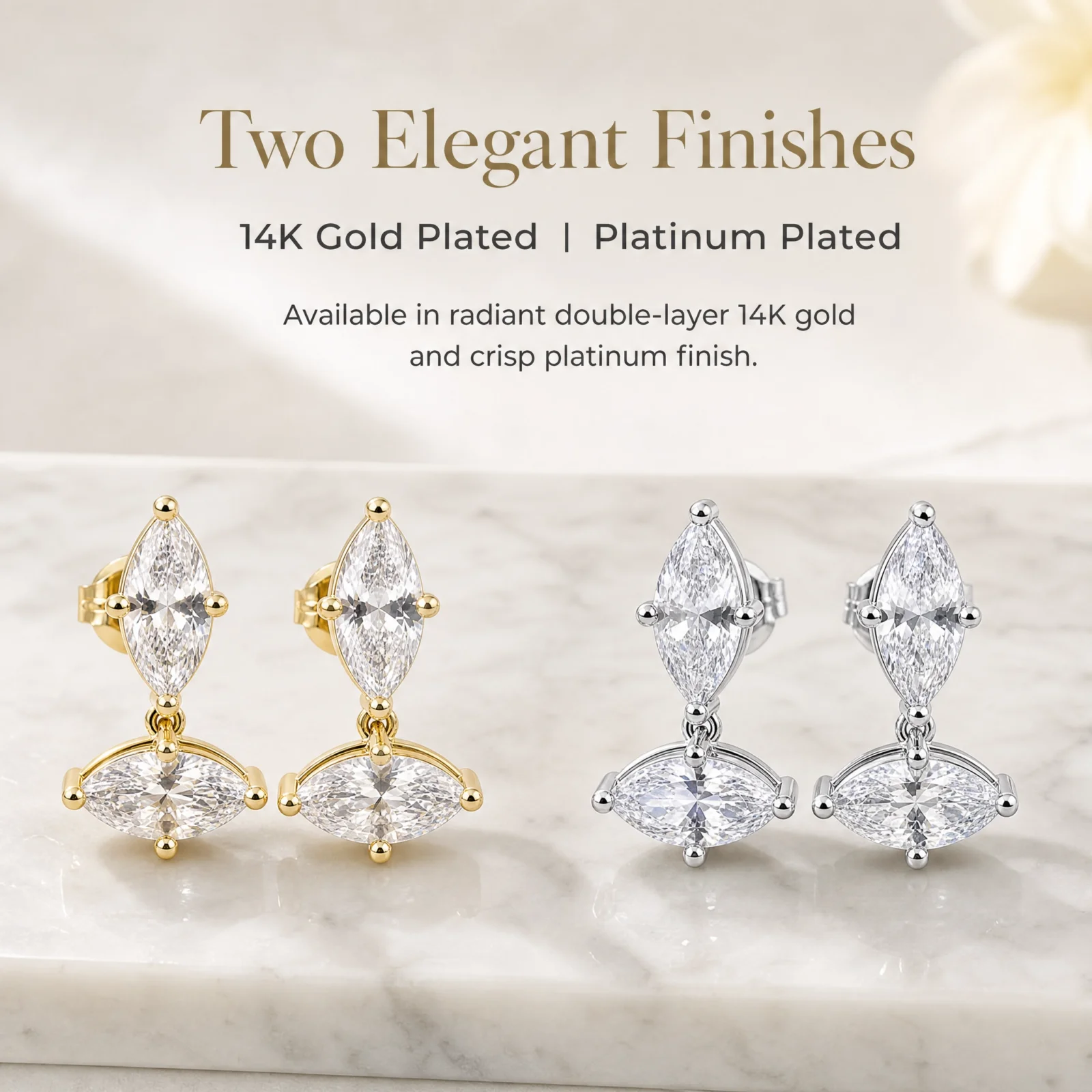 Moonmory Minimalistisches, einzigartiges Design, doppelte Marquise-Ohrstecker für Damen, 5A Kubikzirkonia, 5x10mm, 14k doppelt vergoldet – Detail 4