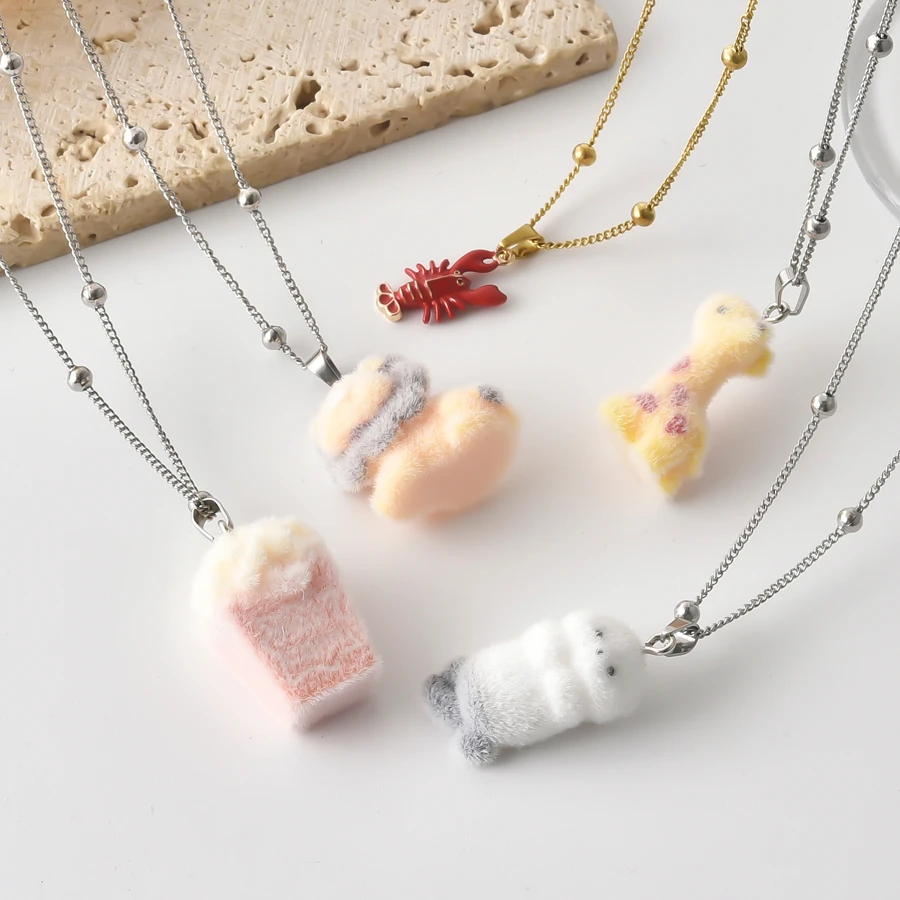 1Pc Cute Flocking Sea Animal 3D Turtle Giraffe Pendant Necklaces Trendy Resin Food Hamburger Y2K Girl Dainty Collares Jewelry