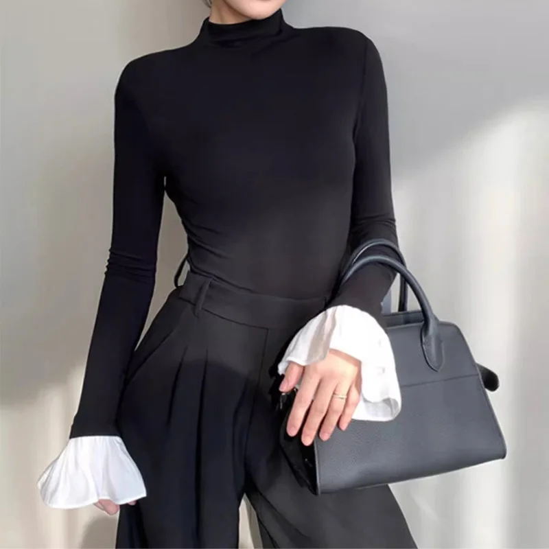 Women Contrast Chiffon Trumpet Sleeved Turtleneck Top