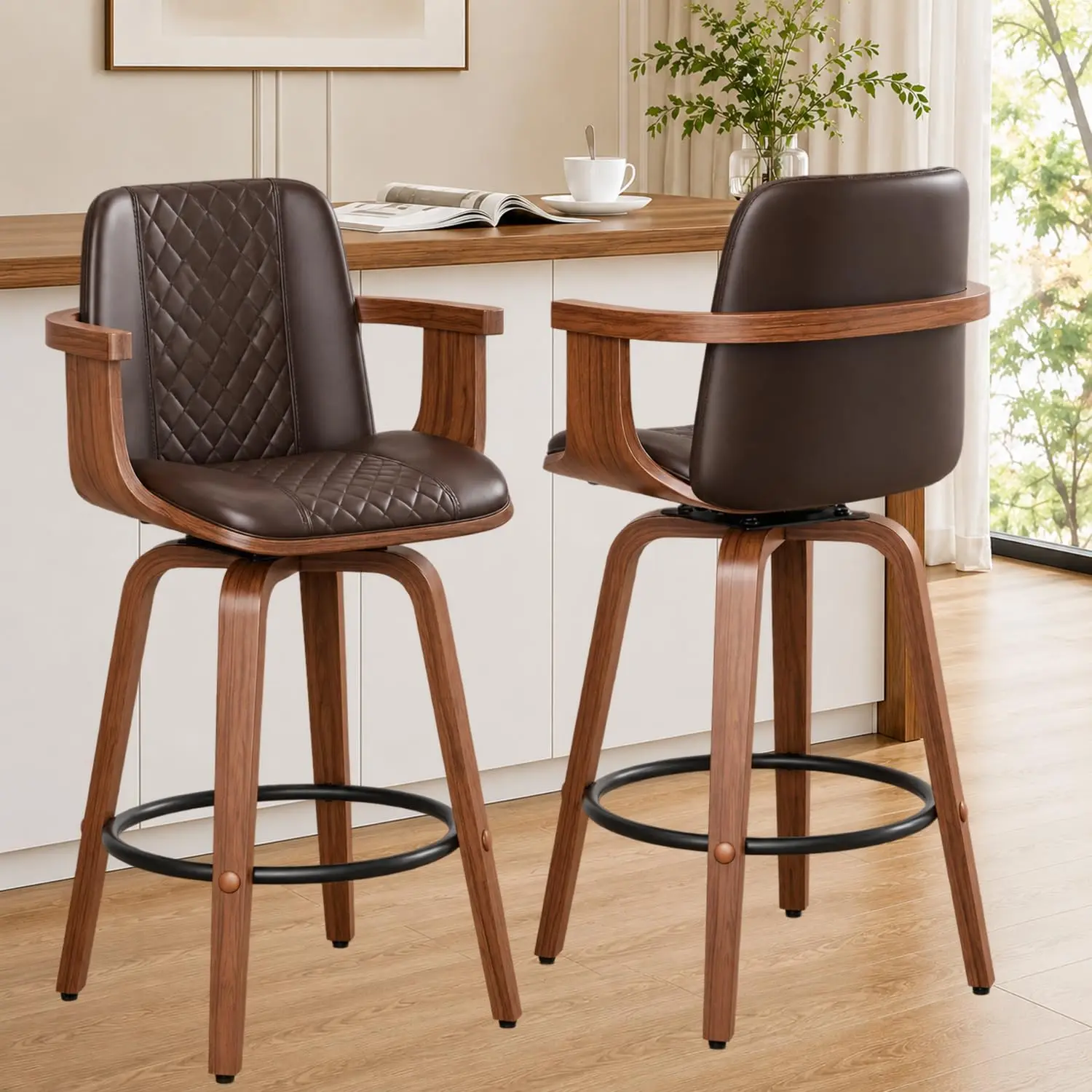 Barstools Set of 2, 26inch Counter Height Swivel Bar Chairs, Brown, Customized