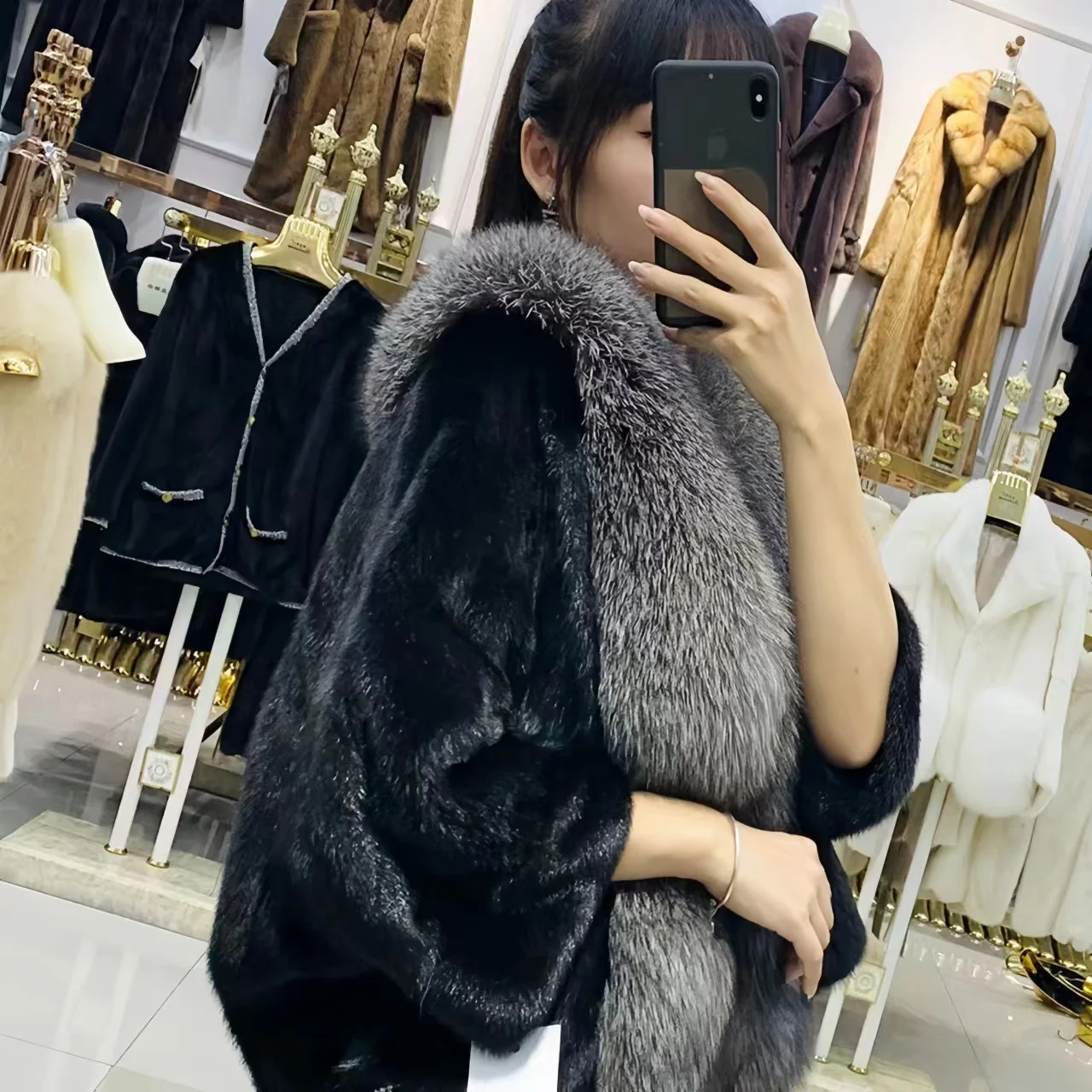 Faux Nerz Pelz Mäntel für Frauen, Fox Pelz Kragen Jacke, Weibliche lose dicke warme Kleidung, Batwing Sleeve, Hohe Qualität, Winter