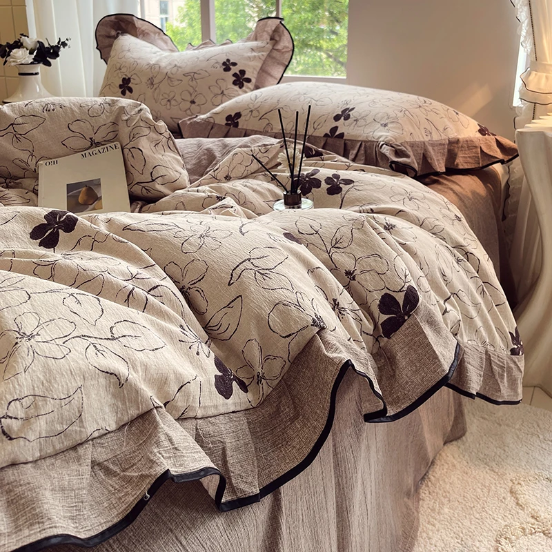 

Комплект из 4 предметов с льняным ощущением, чистый полиэстер, романтический дизайн с рюшами и бантом для девочек и женщин, комплект постельного белья для спальни, цветные цветы