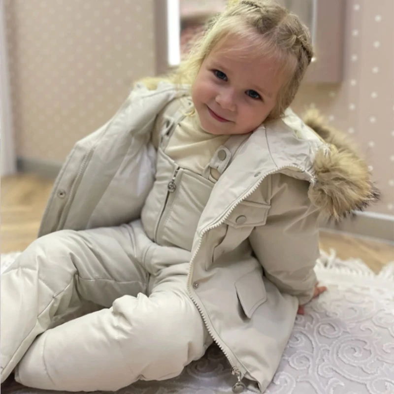 2pcs Set Baby Winter Down Jacket and Jumpsuit Thicken Infant Snowsuit Warm Children Coat Real Fur Collar Baby Set 1-4Years