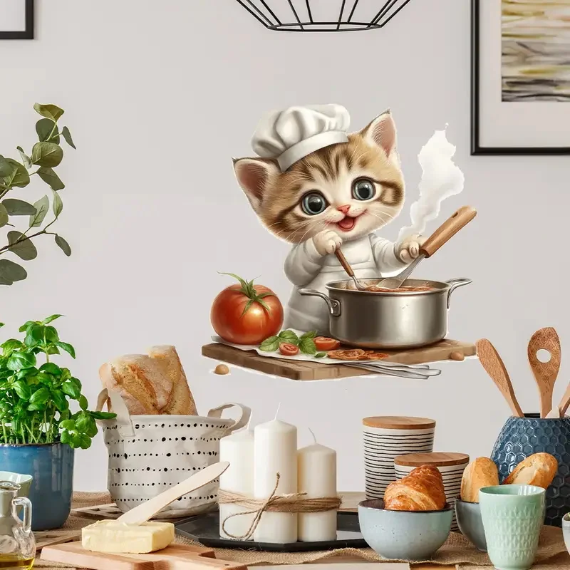 Cute Kitchen Cooking Cat Self-Adhesive Wall Decal - Removable, Reusable PVC Sticker for Kitchen & Living Room Decor
