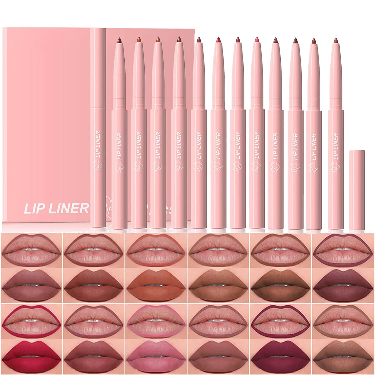 12 Colors Matte Lip Liner Pencil Set,Creamy Velvet Lipstick,Long Lasting Waterproof Smooth High Pigmented Lip Makeup for Women