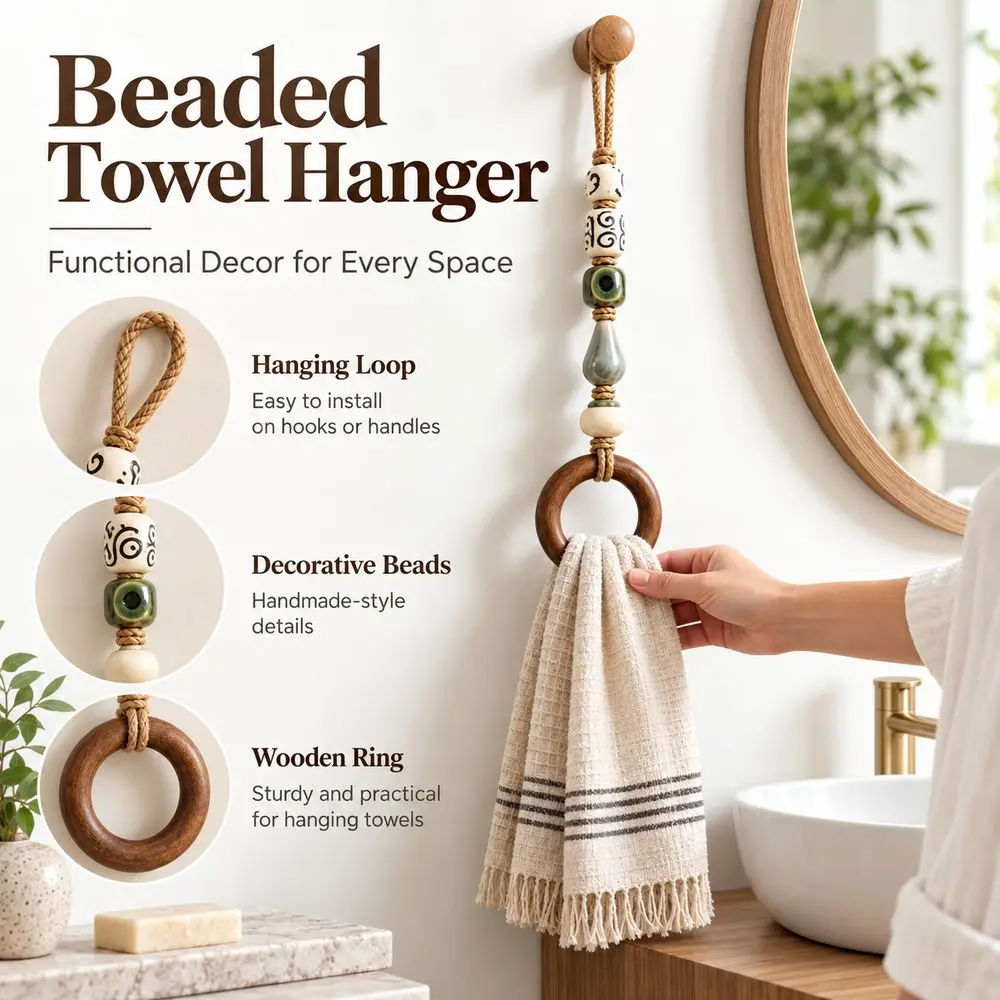 Wooden Ring Beaded Towel Hanger Loop Hanging Strap Colorful Beads Towel Hanging Loop Bathroom Accessories Decorative Style