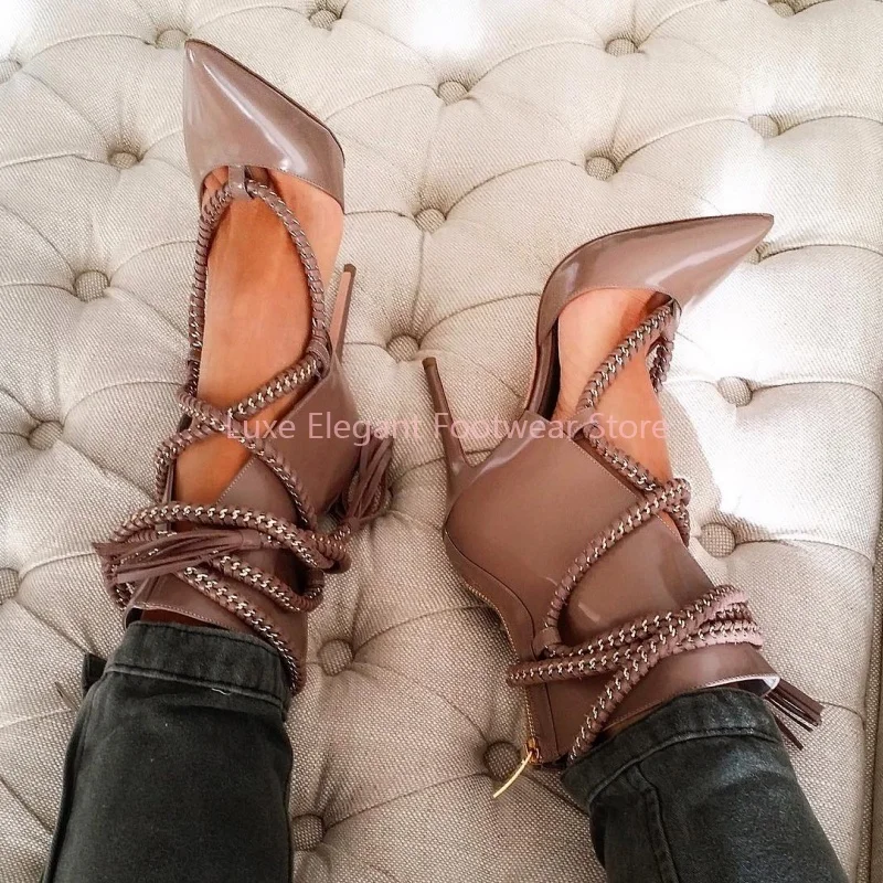 

Nude Rope Cross-Tied Hollow Patent Leather Sandals Women Pointed Toe Ack Zipper Ankle Boots Sexy Fashion Party Lady Summer Shoes