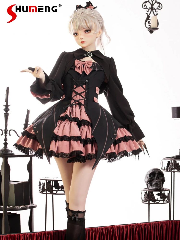 Original Gothic Style Lolita 4 Piece Set Women Sweet Bow High Waist Sling JSK Dress Black Cardigan Waist Seal Hair Clip Full Set