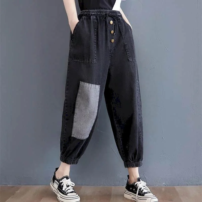 Baggy Jeans Casual 2026 Summer Loose Calf Length Denim Harem Pants Vintage Drawstring Elastic Waist Streetwear Women Clothing