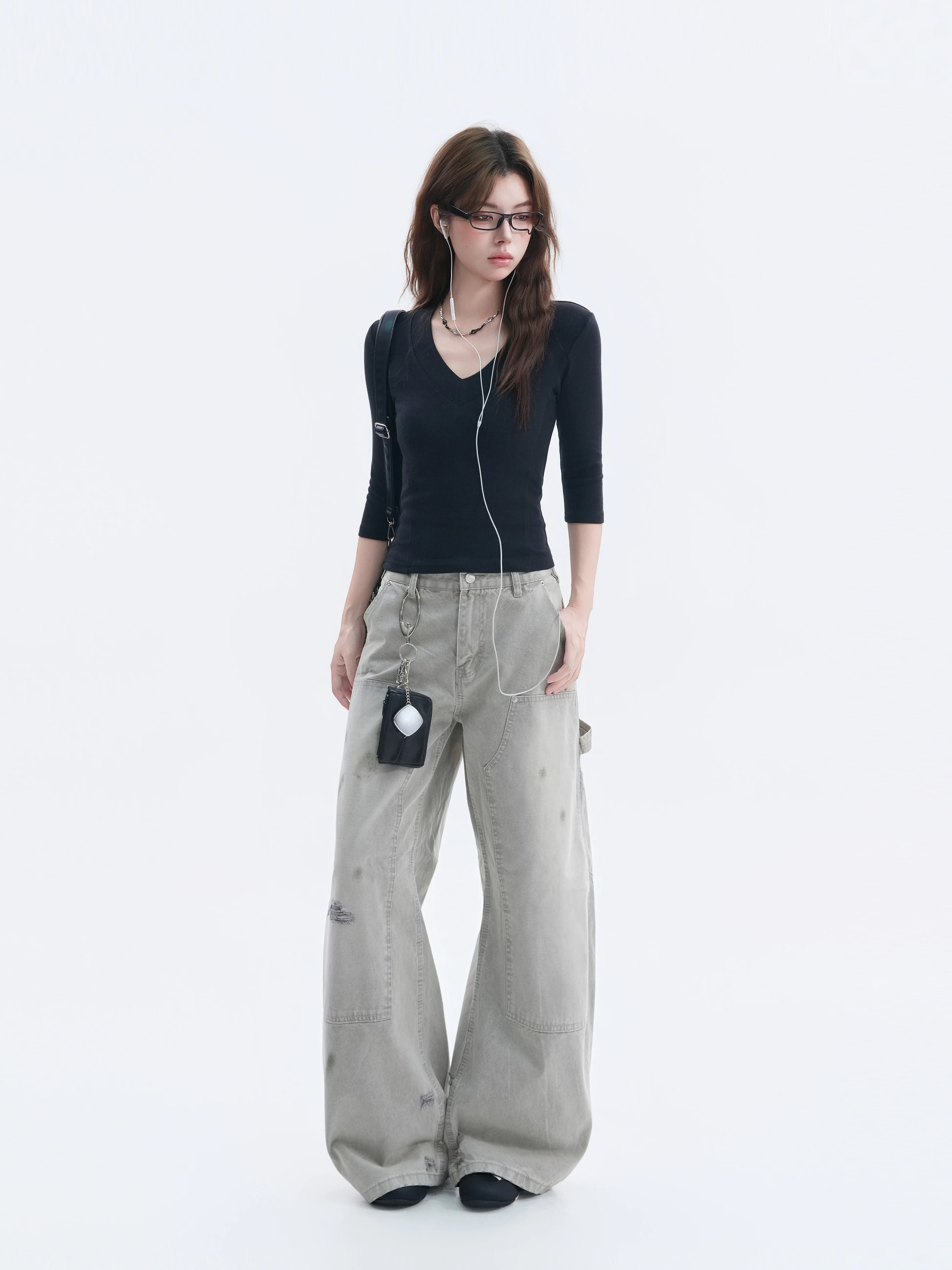 Basic Style Long Sleeve V-Neck Slim Fit Seven-Quarter Length T-Shirt Korean Loose Feeling Pure Desire Style under Shirt