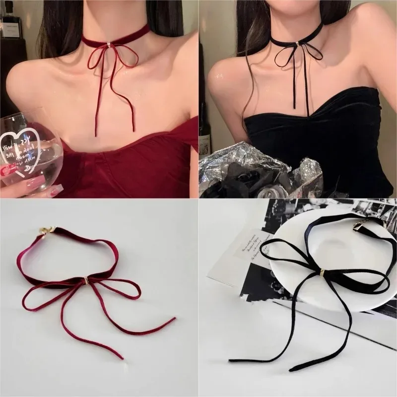 Punk Gothic Bows Pendant Necklace Adjustable Velvets Chains Choker Y2K Elegant Braideds Bows Neckchain Jewelry for Women Girls