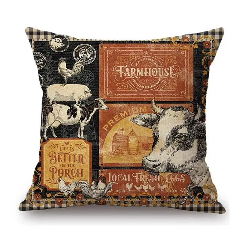 Retro Vintage Farm Animal Cattle Chicken Calf Livestock Art Wild Casual Home Decorative Sofa Pillow Case Linen Cushion Cover