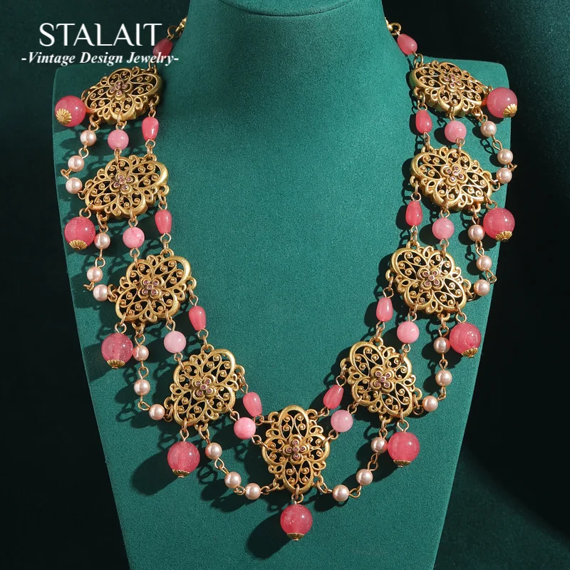 

Vintage Pink Natural Stone Statement Necklace Charm Collar Choker Chain For Woman Bridal Antique Gold Color Accessories 2026 New