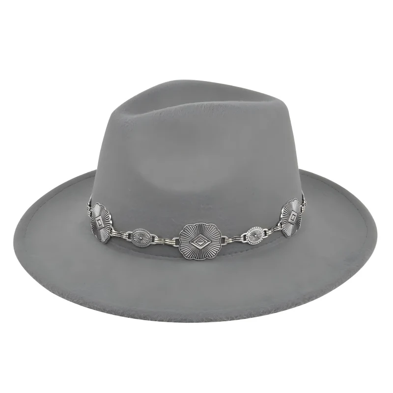 Europe America and Panama Vintage Jazz Hat Silver Square Chain Gentleman Hat Flat Border Wool Mens Western Cowboy Hat