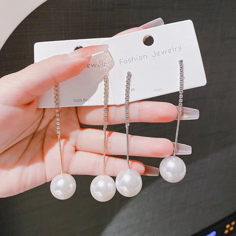 Luxury Long Crystal Tassel Imitation Pearl Dangle Earrings for Women Silver Color Wedding Earing Unique Design Jewelry Wholesale