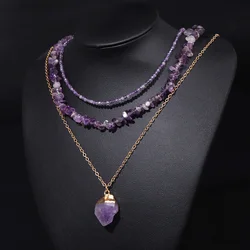 3pcs/set Natural Amethysts Beads Necklaces For Women Irregular Raw Quart Pendant Necklaces Chain Handmade Energy Healing Jewelry