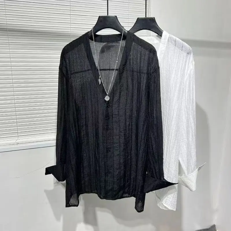 European and American V-neck Jacquard Shirt Men's Spring/Summer New Casual Fashion Loose Solid Color Long Sleeved Shirts